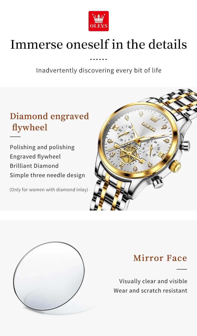 OLEVS Top Brand Couple Watches Stainless Steel Waterpoof Chronograph Moon Phase Flywheel Design Lover's Wristwatch for Men Women
