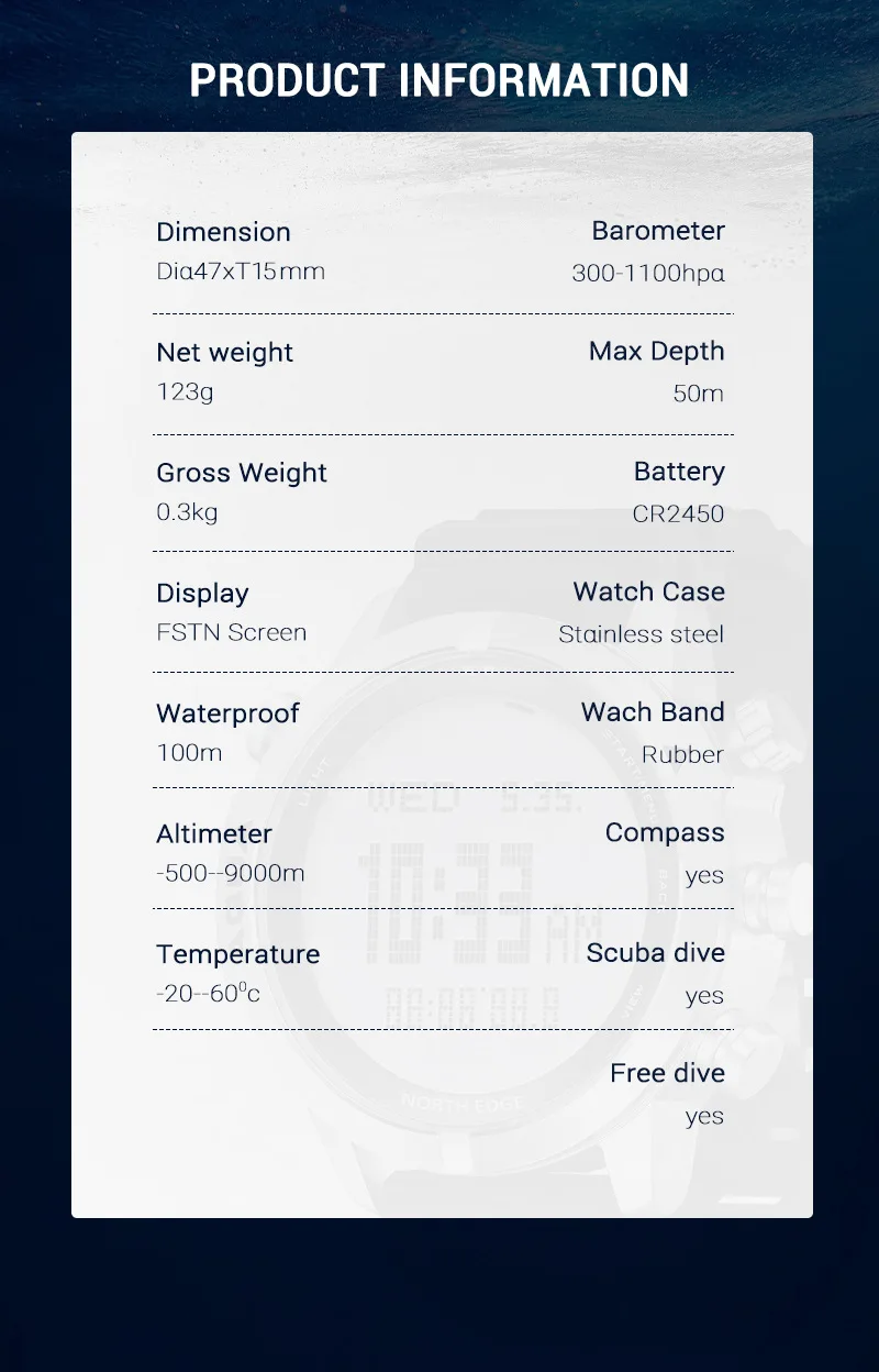 NORTH EDGE AQUA Waterproof Diving Computer Watch with Compass And Altimeter Diving Equipment Watch