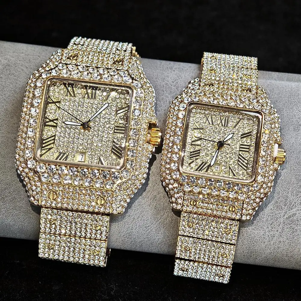 UNIGUET Luxury Ice Watch for Men Women Fashion Hip Hop Full Diamond Square Couple Wristwatch Gift 2026 Hor Sale