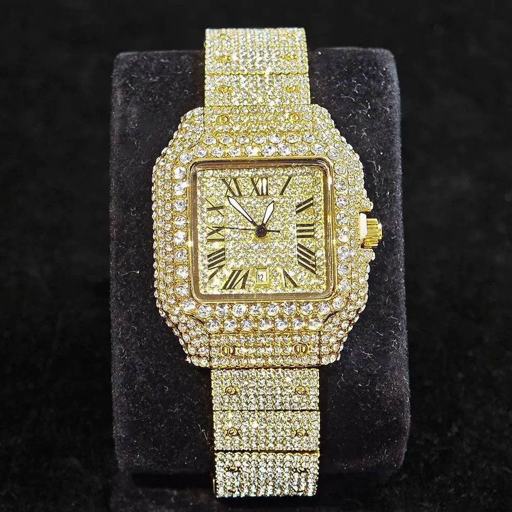UNIGUET Luxury Ice Watch for Men Women Fashion Hip Hop Full Diamond Square Couple Wristwatch Gift 2026 Hor Sale