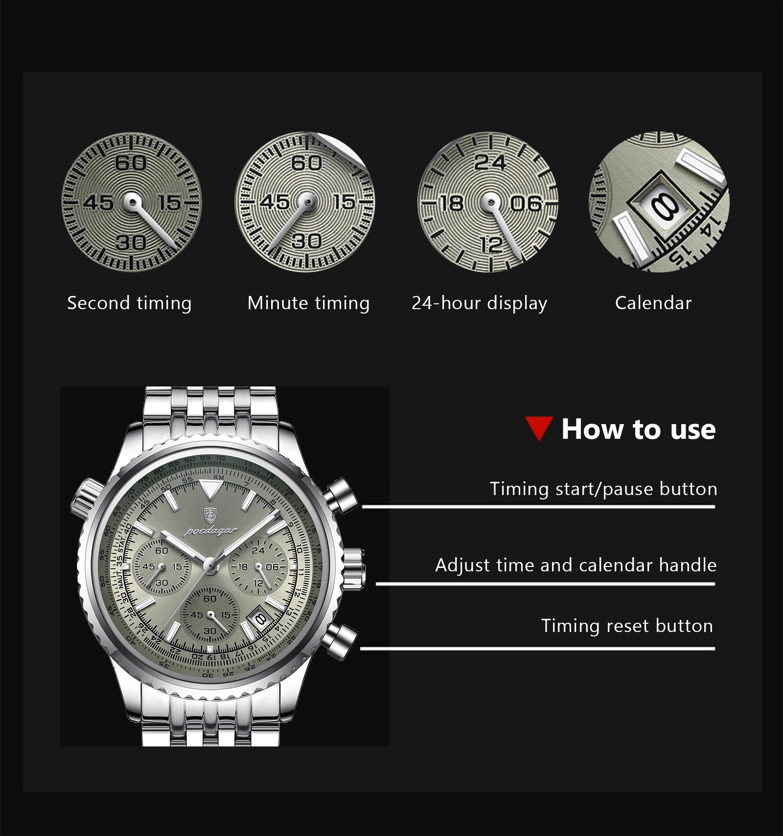 POEDAGAR Fashion Watches For Men Date Chronograph Stainless Steel Boyfriend Wristwatch Waterproof Luminous Couple's Quartz Watch