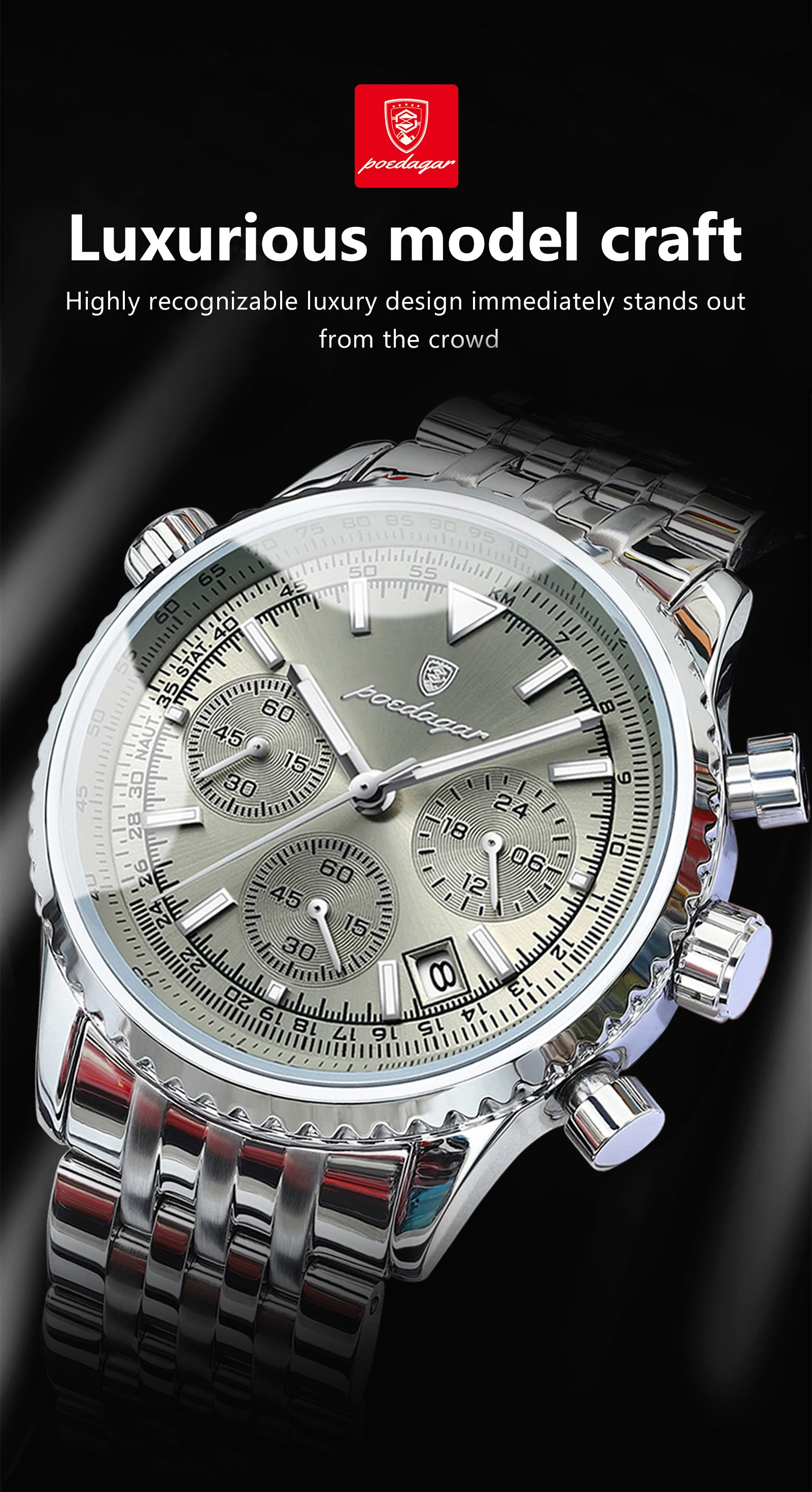 POEDAGAR Fashion Watches For Men Date Chronograph Stainless Steel Boyfriend Wristwatch Waterproof Luminous Couple's Quartz Watch