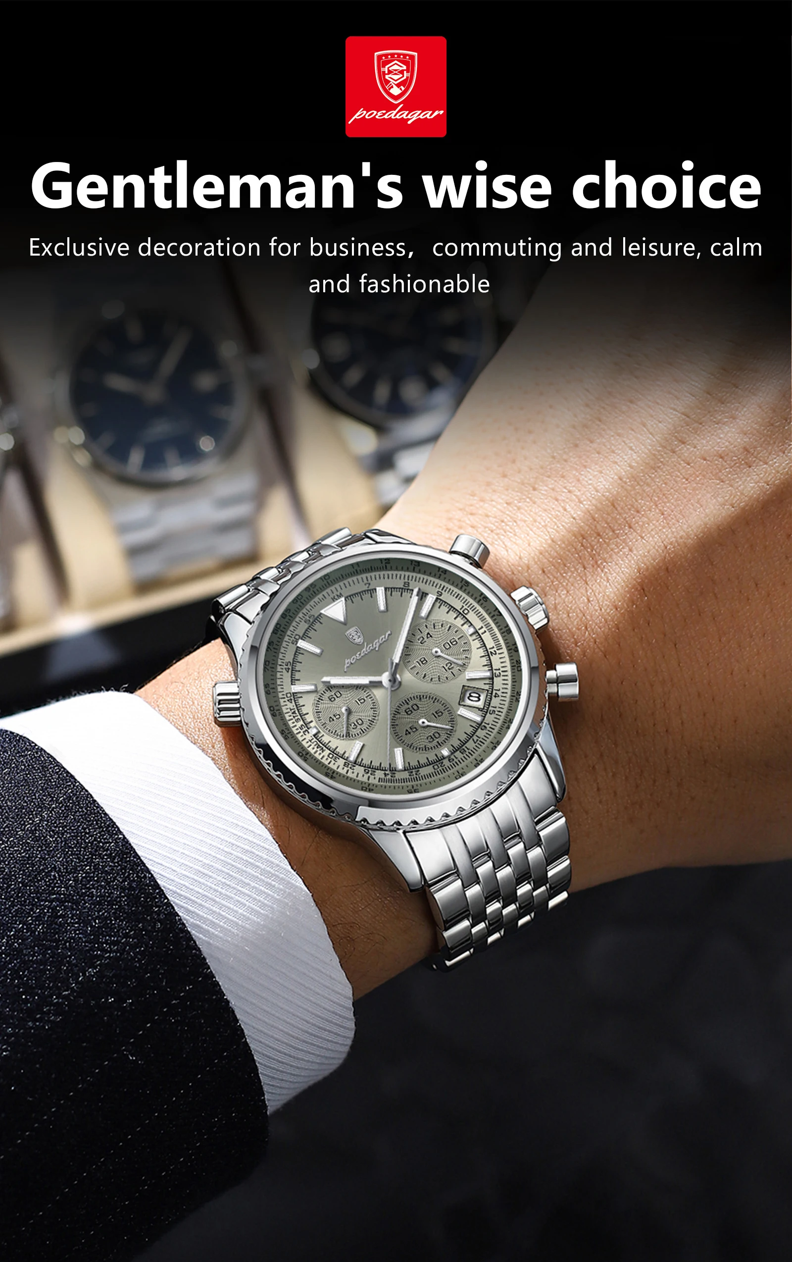 POEDAGAR Fashion Watches For Men Date Chronograph Stainless Steel Boyfriend Wristwatch Waterproof Luminous Couple's Quartz Watch