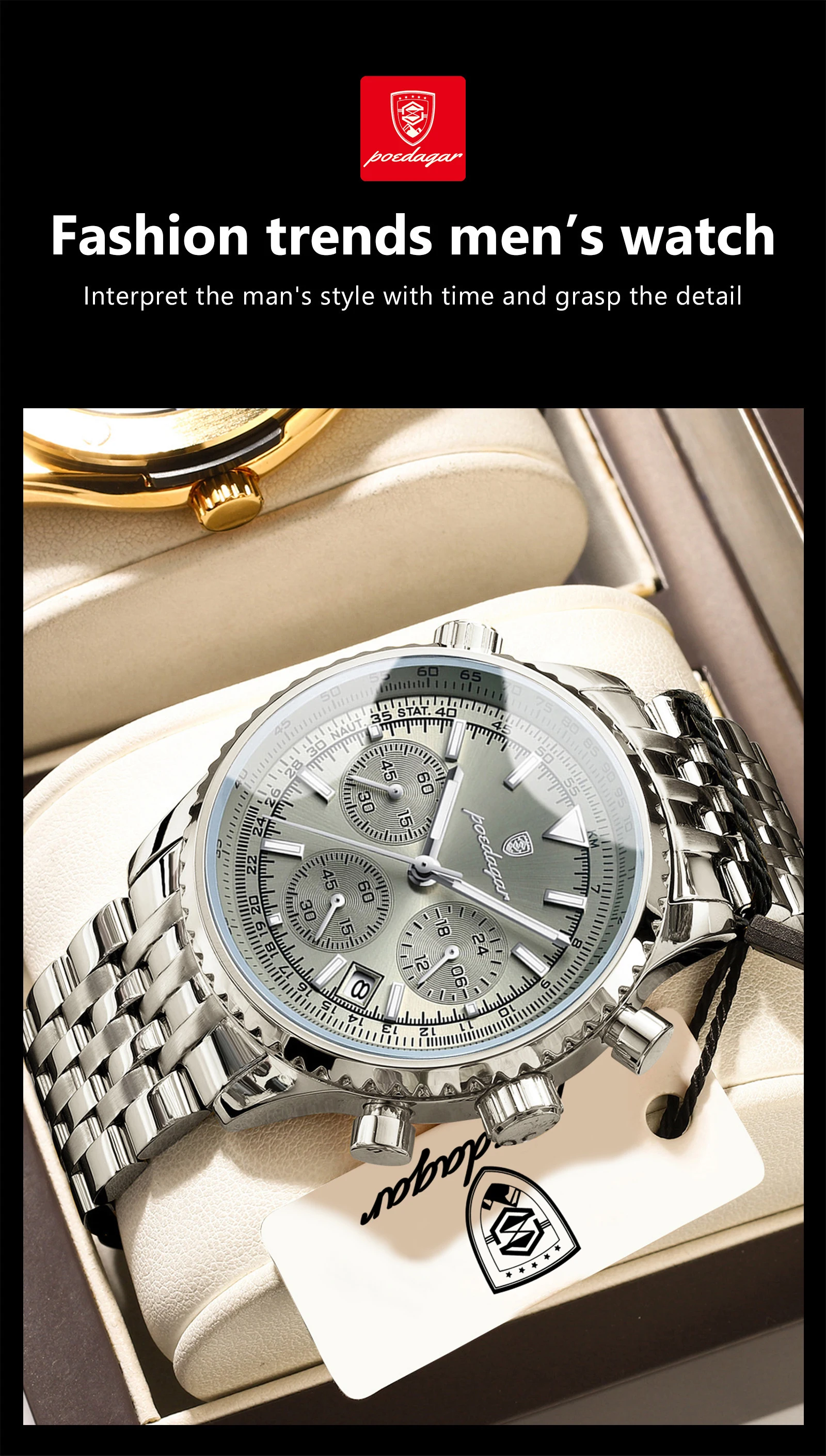 POEDAGAR Fashion Watches For Men Date Chronograph Stainless Steel Boyfriend Wristwatch Waterproof Luminous Couple's Quartz Watch