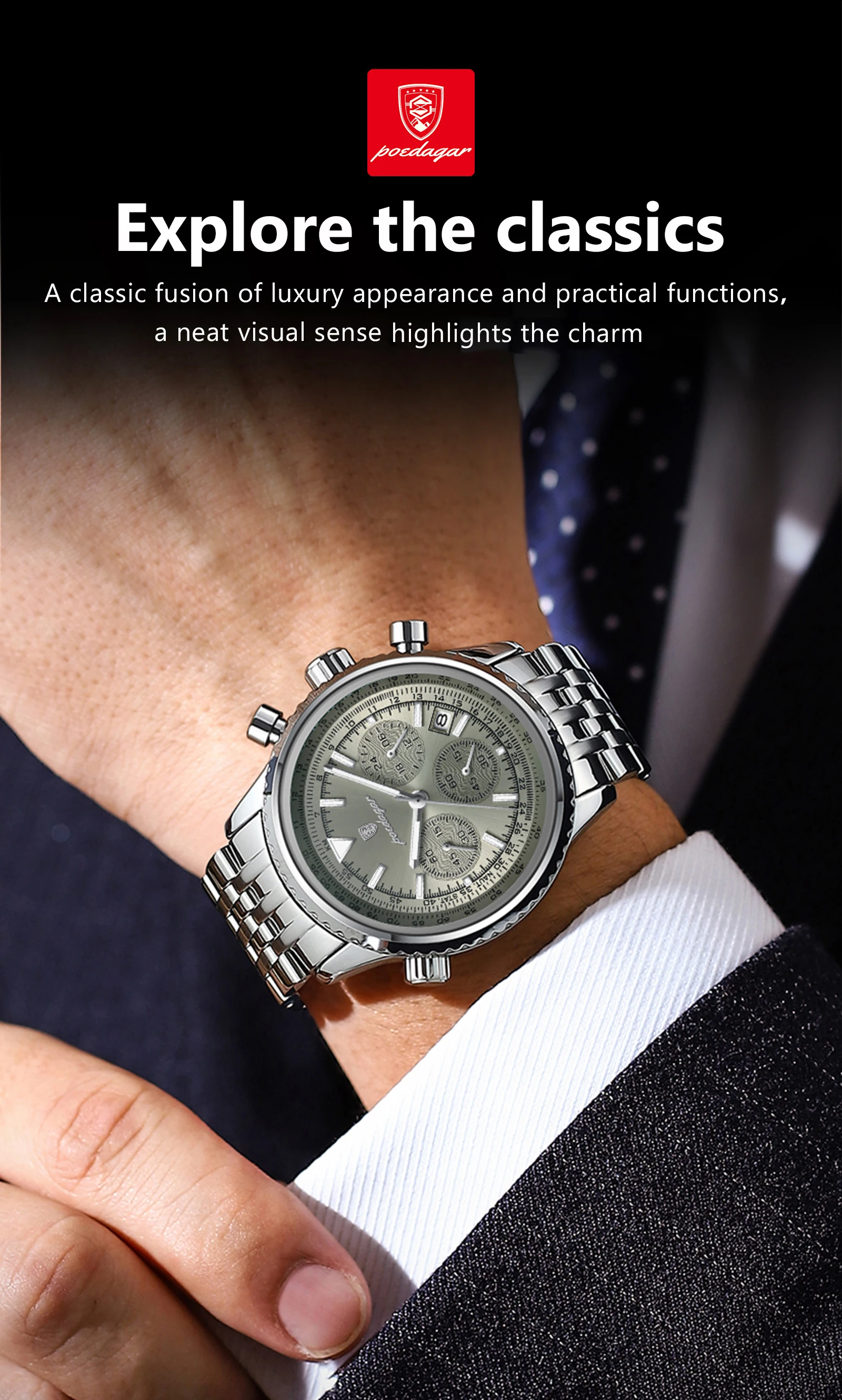 POEDAGAR Fashion Watches For Men Date Chronograph Stainless Steel Boyfriend Wristwatch Waterproof Luminous Couple's Quartz Watch
