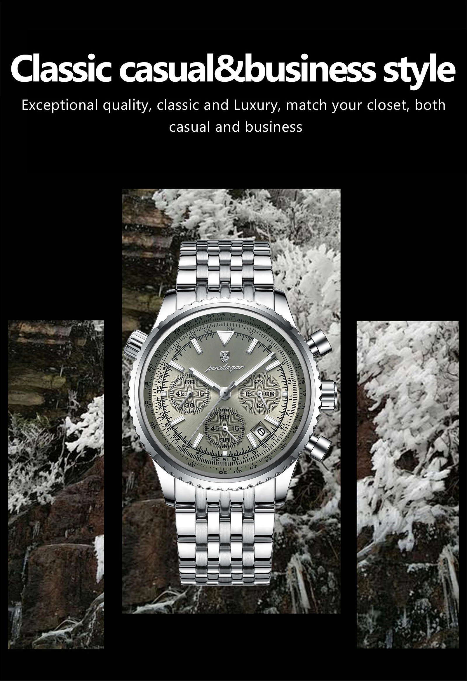 POEDAGAR Fashion Watches For Men Date Chronograph Stainless Steel Boyfriend Wristwatch Waterproof Luminous Couple's Quartz Watch