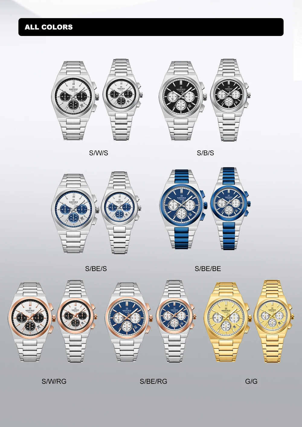NAVIFORCE Trend Brand Steel Strap Couples Watch Quartz Automatic Date Display Chronograph Lover Waterproof Casual Wrist Watch