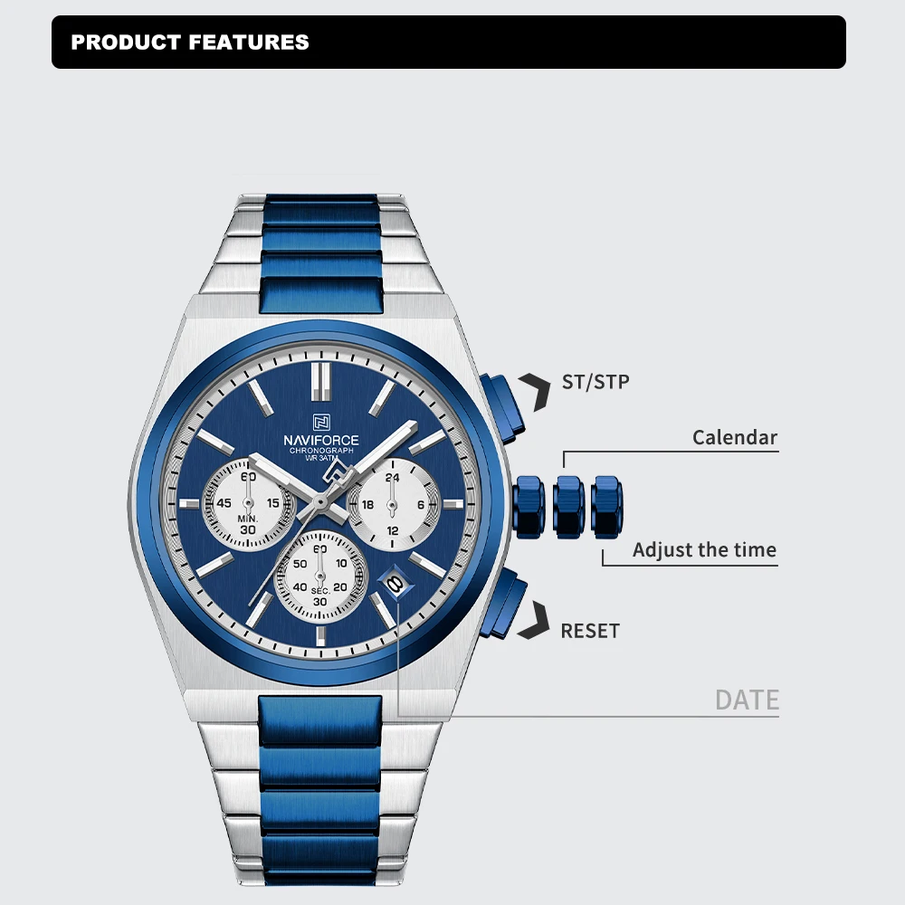 NAVIFORCE Trend Brand Steel Strap Couples Watch Quartz Automatic Date Display Chronograph Lover Waterproof Casual Wrist Watch
