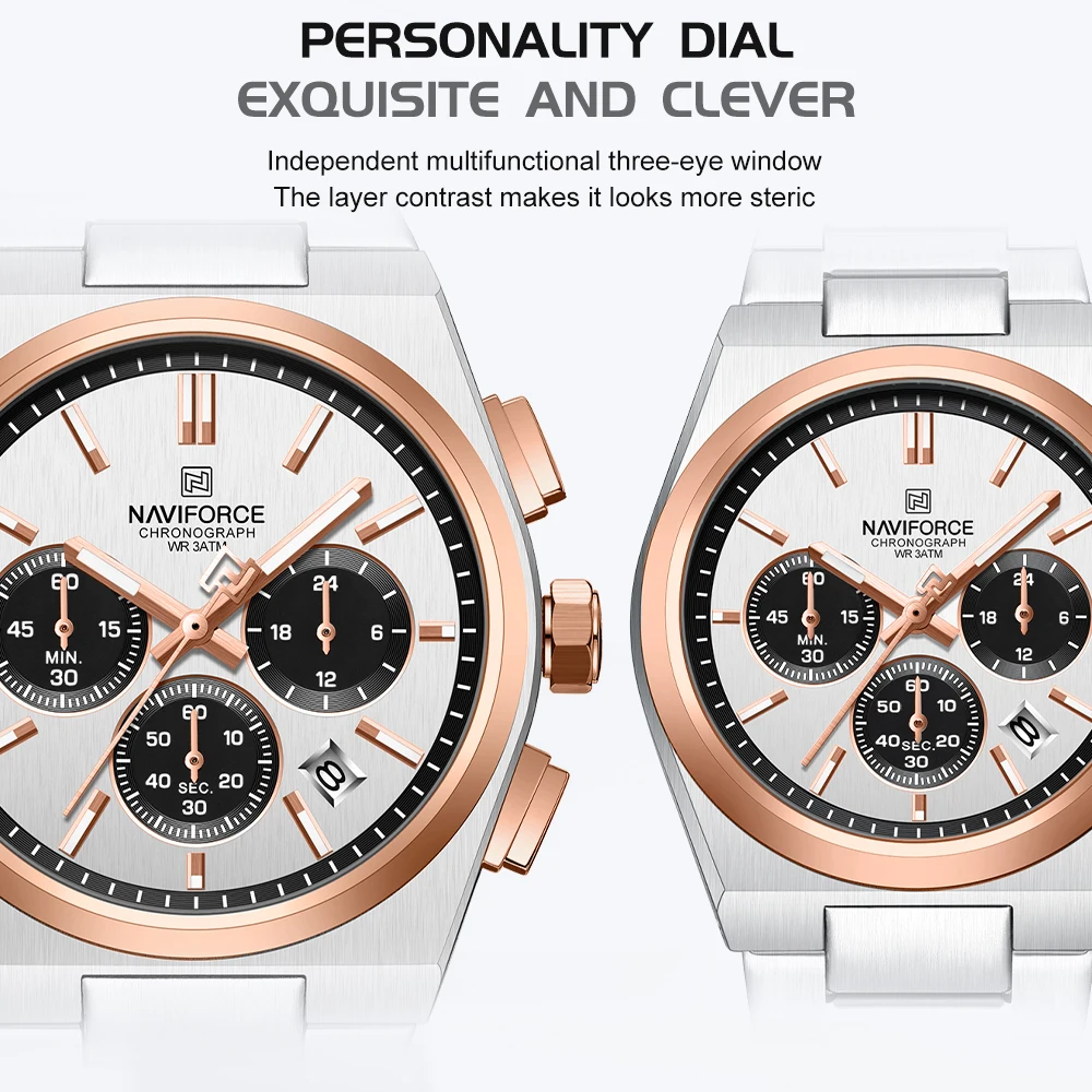 NAVIFORCE Fashion Quartz Watches for Male 3ATM Waterproof Chronograph Clocks Date Display Steel Strap Business Man's Watch Gifts