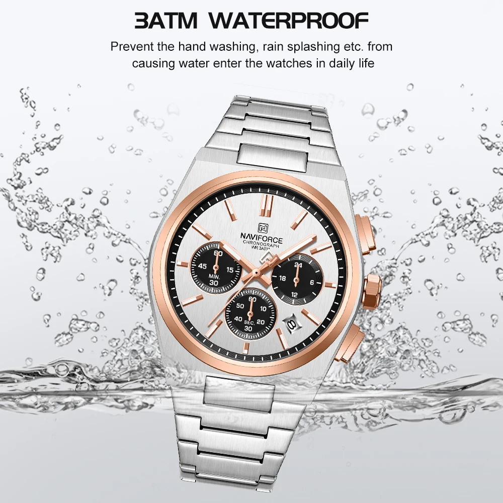 NAVIFORCE Fashion Quartz Watches for Male 3ATM Waterproof Chronograph Clocks Date Display Steel Strap Business Man's Watch Gifts