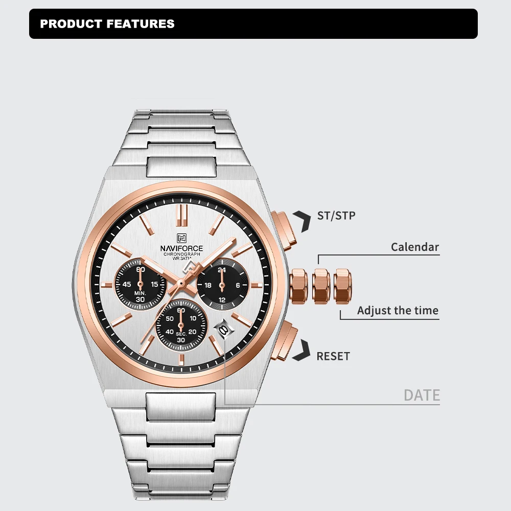 NAVIFORCE Fashion Quartz Watches for Male 3ATM Waterproof Chronograph Clocks Date Display Steel Strap Business Man's Watch Gifts