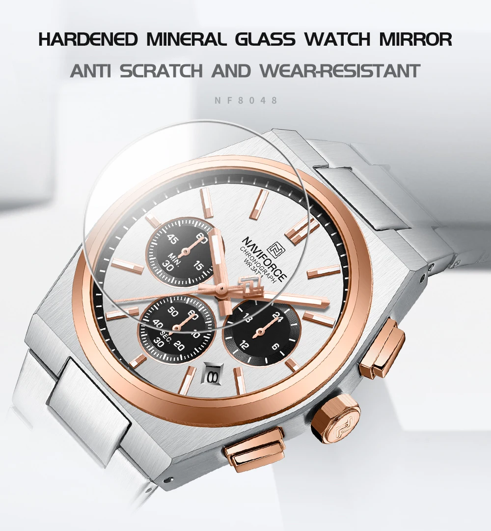 NAVIFORCE Fashion Quartz Watches for Male 3ATM Waterproof Chronograph Clocks Date Display Steel Strap Business Man's Watch Gifts