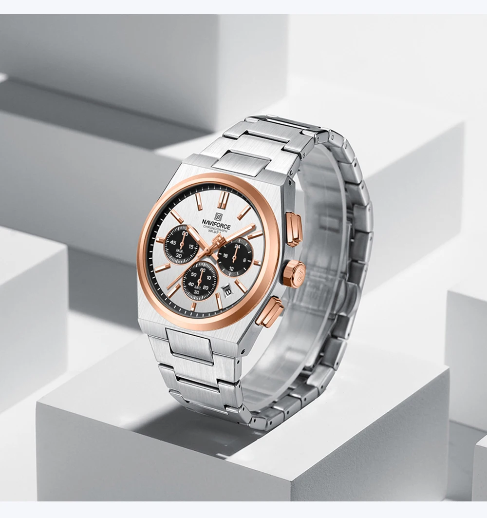 NAVIFORCE Fashion Quartz Watches for Male 3ATM Waterproof Chronograph Clocks Date Display Steel Strap Business Man's Watch Gifts