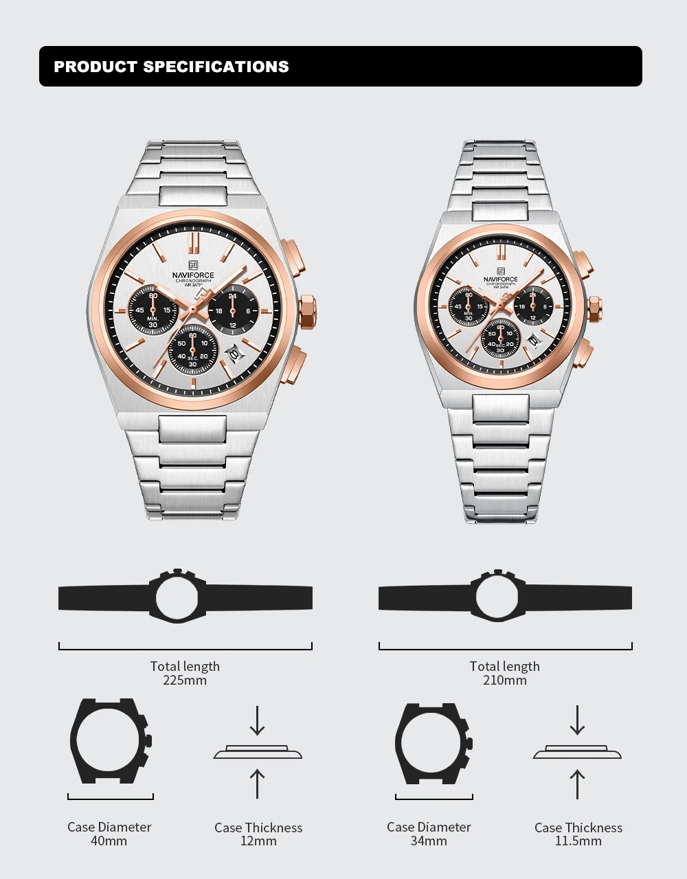 NAVIFORCE Fashion Quartz Watches for Male 3ATM Waterproof Chronograph Clocks Date Display Steel Strap Business Man's Watch Gifts
