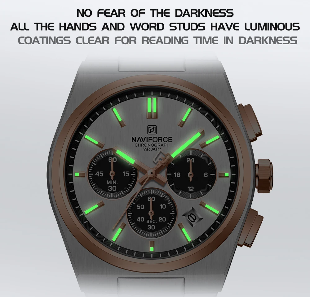 NAVIFORCE Fashion Quartz Watches for Male 3ATM Waterproof Chronograph Clocks Date Display Steel Strap Business Man's Watch Gifts