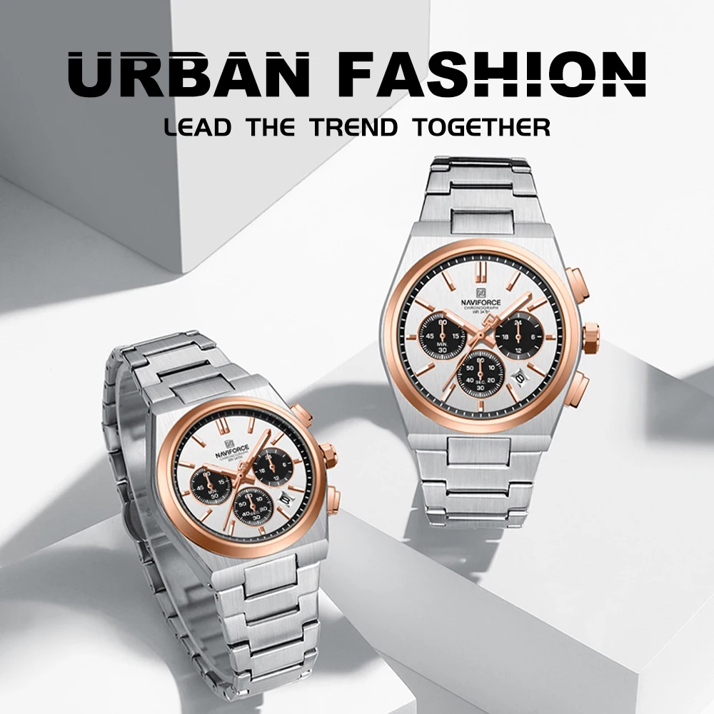NAVIFORCE Fashion Quartz Watches for Male 3ATM Waterproof Chronograph Clocks Date Display Steel Strap Business Man's Watch Gifts