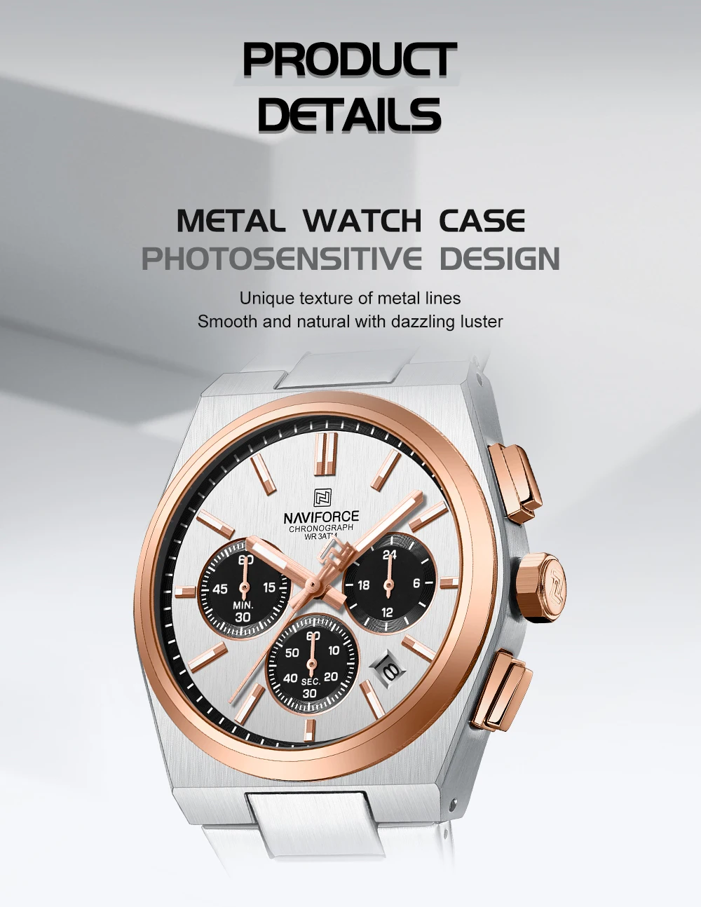 NAVIFORCE Fashion Quartz Watches for Male 3ATM Waterproof Chronograph Clocks Date Display Steel Strap Business Man's Watch Gifts