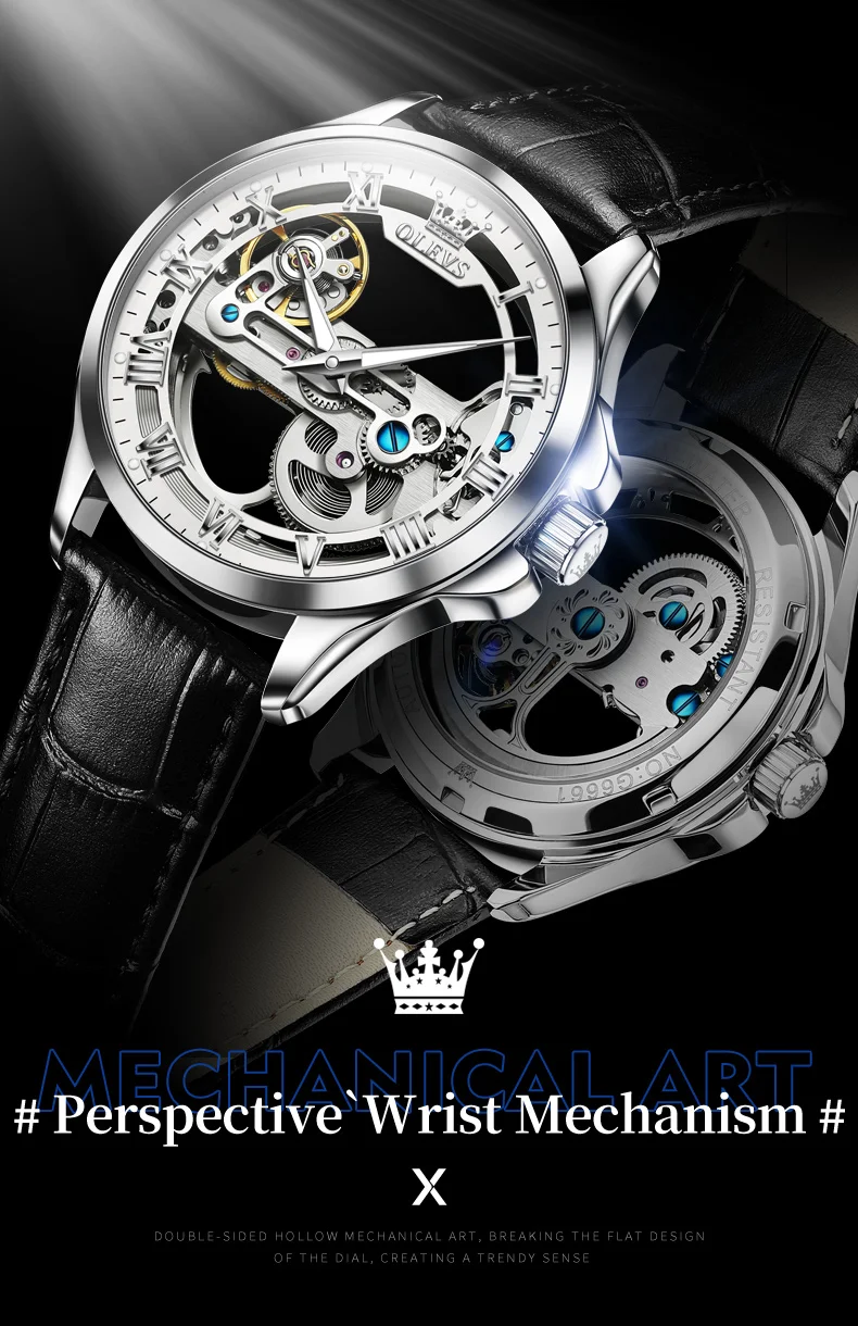 OLEVS Couple Watches Original Fully Transparent Skeleton Automatic Mechanical Watches For Men Women Lover's Gift Luxury Watches