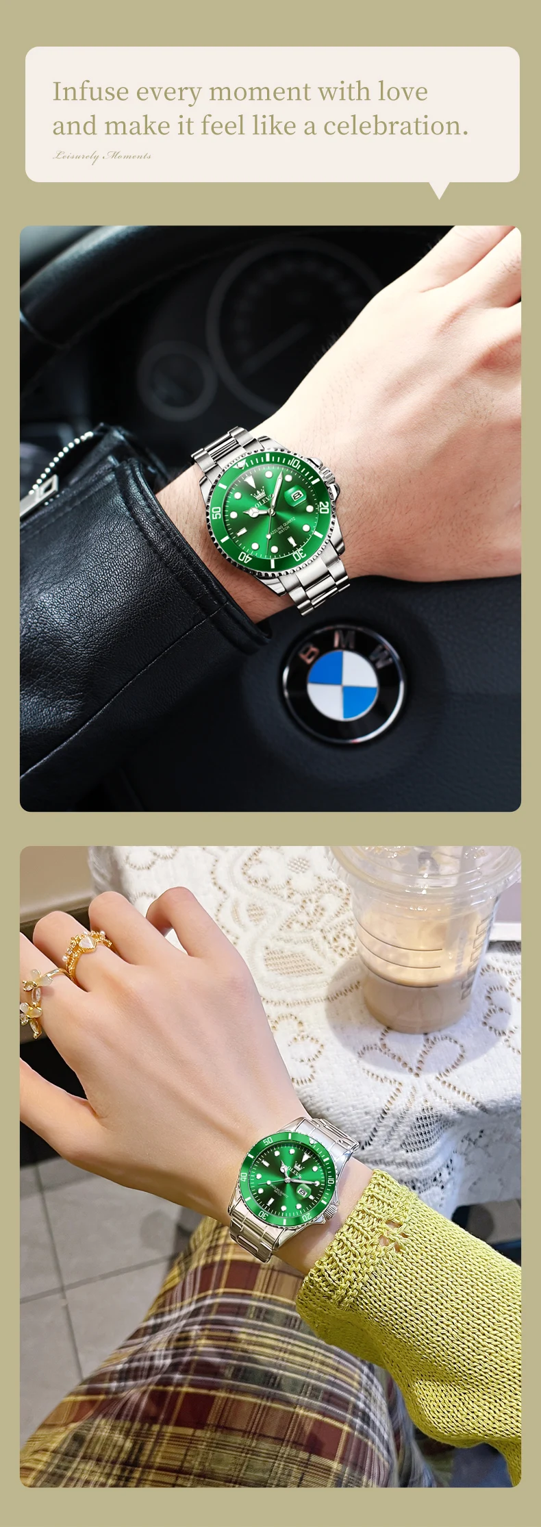 OLEVS Couple Watches Trend Fashion Stainless Steel Original Quartz Watch for Lover Premium Gift Box for Wristwatches Waterproof