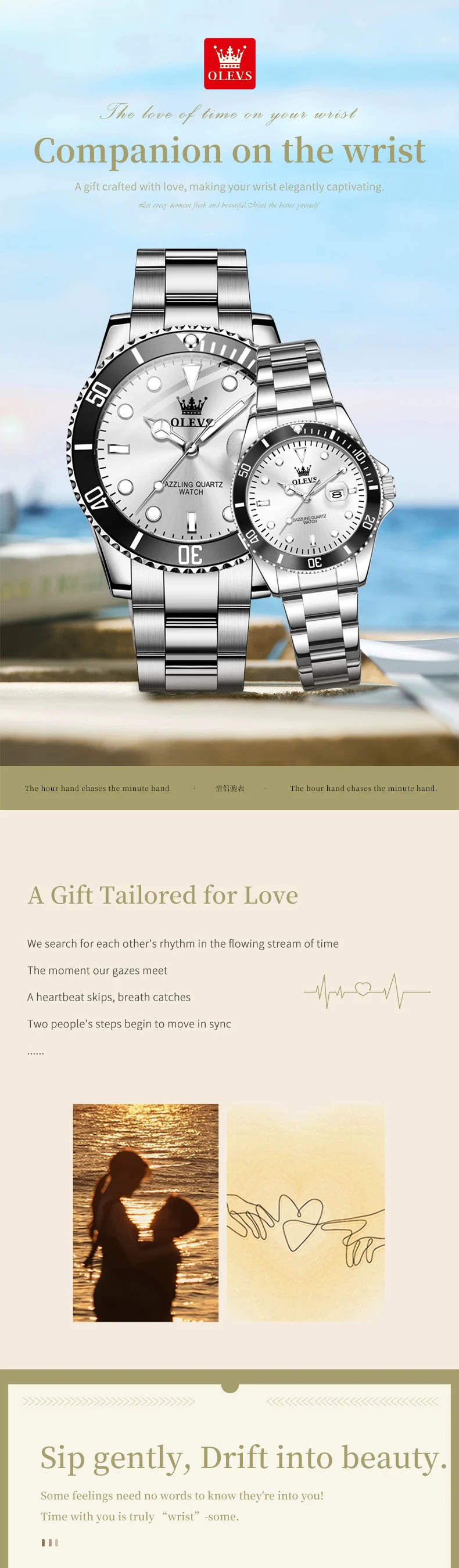 OLEVS Couple Watches Trend Fashion Stainless Steel Original Quartz Watch for Lover Premium Gift Box for Wristwatches Waterproof