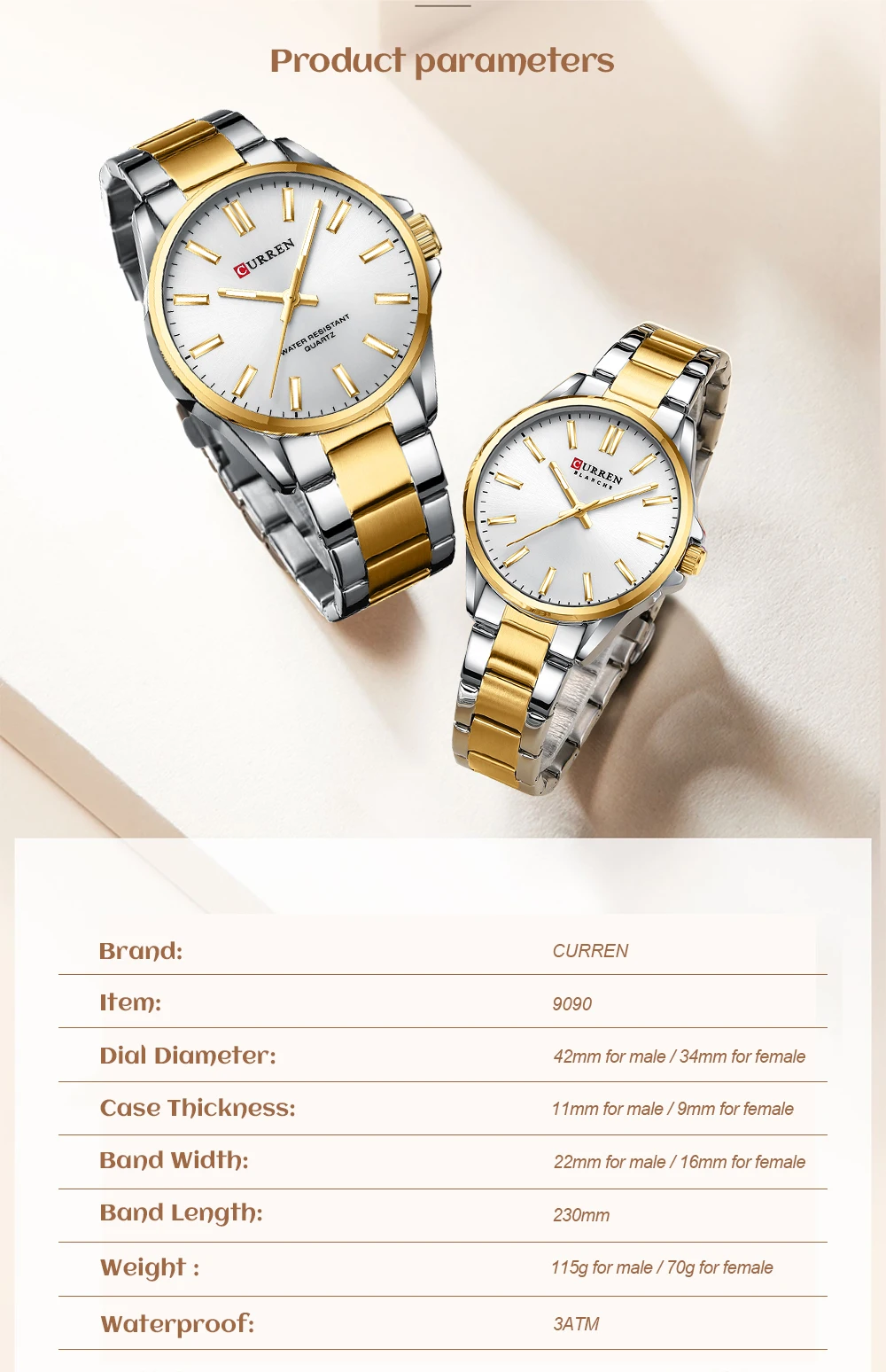 CURREN Fashion Brand Couple Watches for Lovers Simple Classic Quartz Stainless Steel Bracelet Wristwatches with Luminous Hands