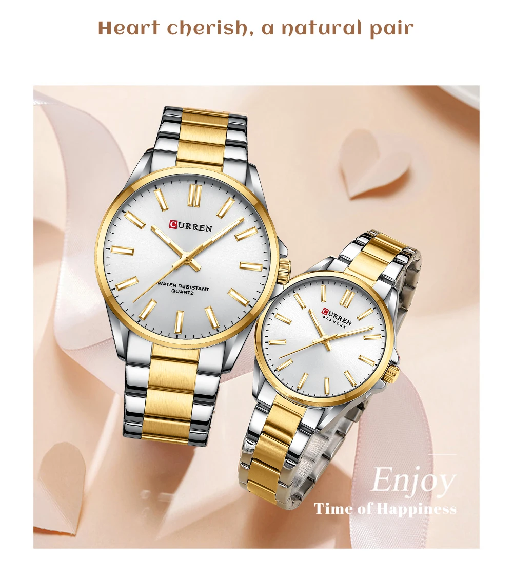 CURREN Fashion Brand Couple Watches for Lovers Simple Classic Quartz Stainless Steel Bracelet Wristwatches with Luminous Hands