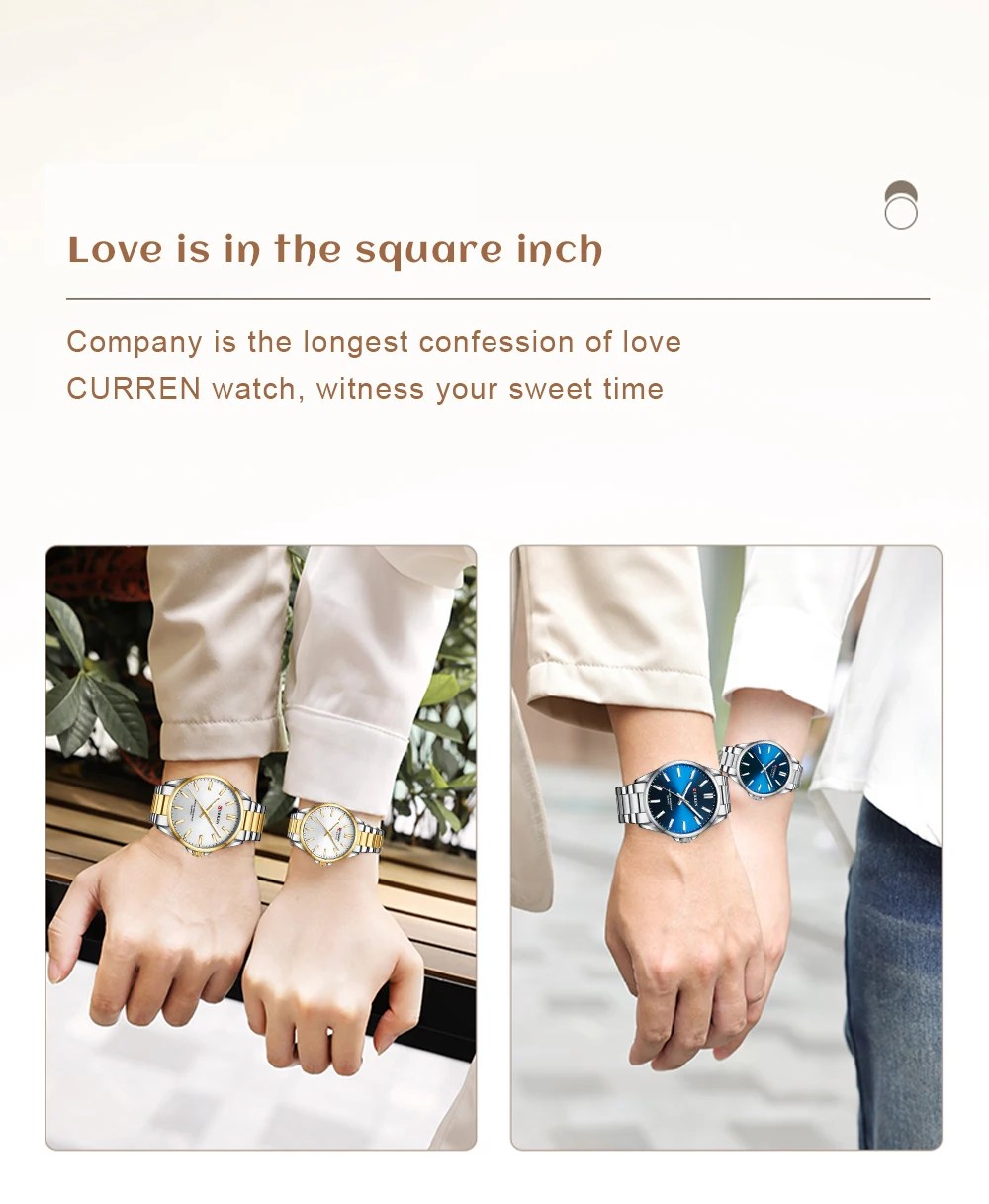 CURREN Fashion Brand Couple Watches for Lovers Simple Classic Quartz Stainless Steel Bracelet Wristwatches with Luminous Hands