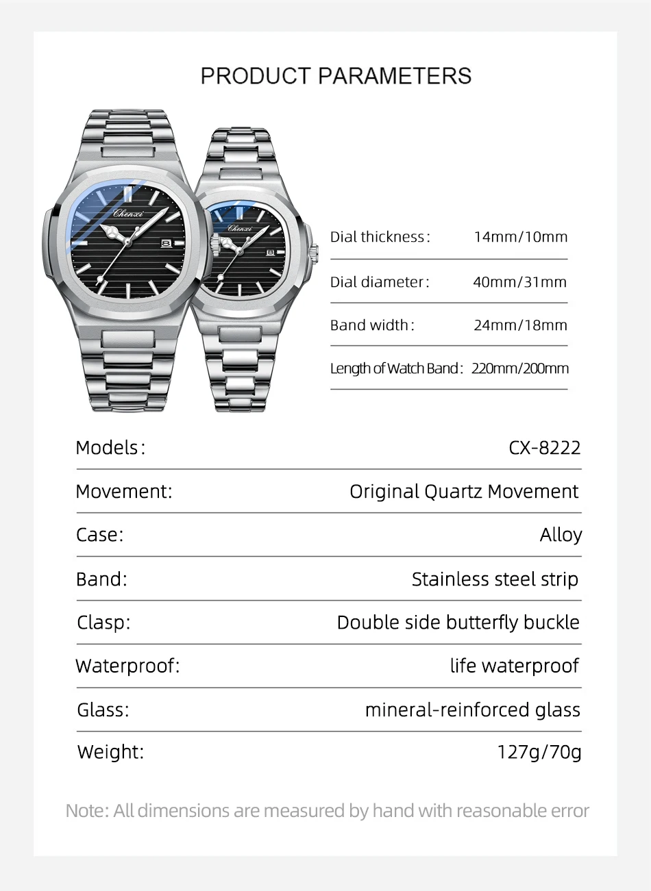 Fashion Couple Watches Men and Women Business Luxury Stainless Steel Quartz Wristwatch Waterproof Luminous Couple Watch Pair Set