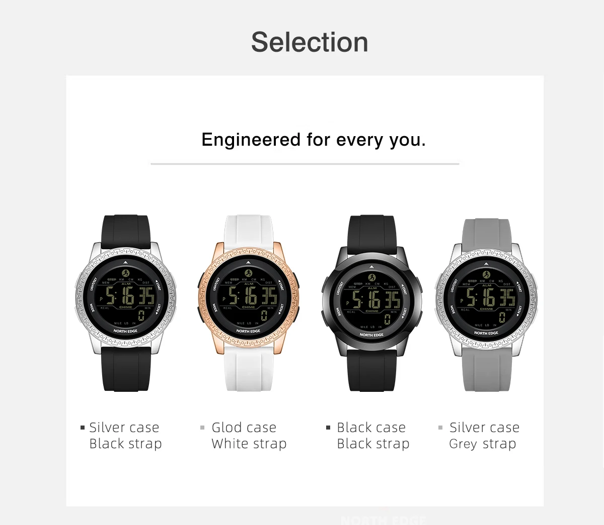 NORTH EDGE APOLLO Luxury Men Women Digital Watch Waterproof 50M Sports Watches Dual Time Pedometer Alarm Clock Couple's Watches