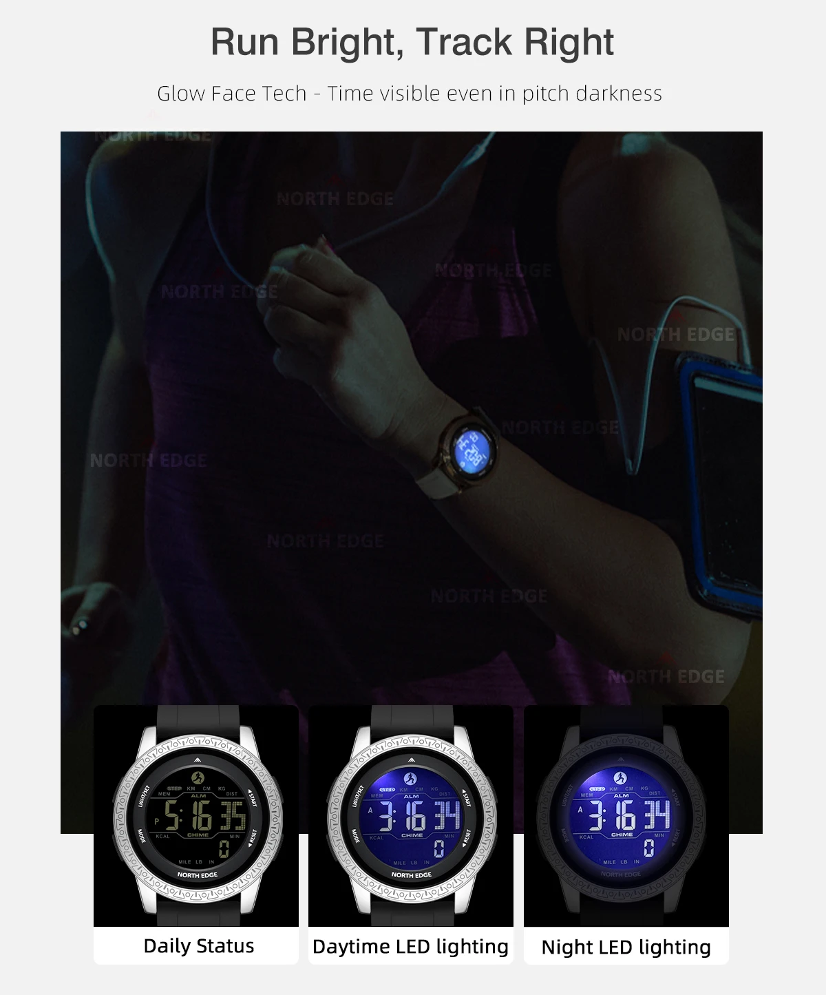 NORTH EDGE APOLLO Luxury Men Women Digital Watch Waterproof 50M Sports Watches Dual Time Pedometer Alarm Clock Couple's Watches