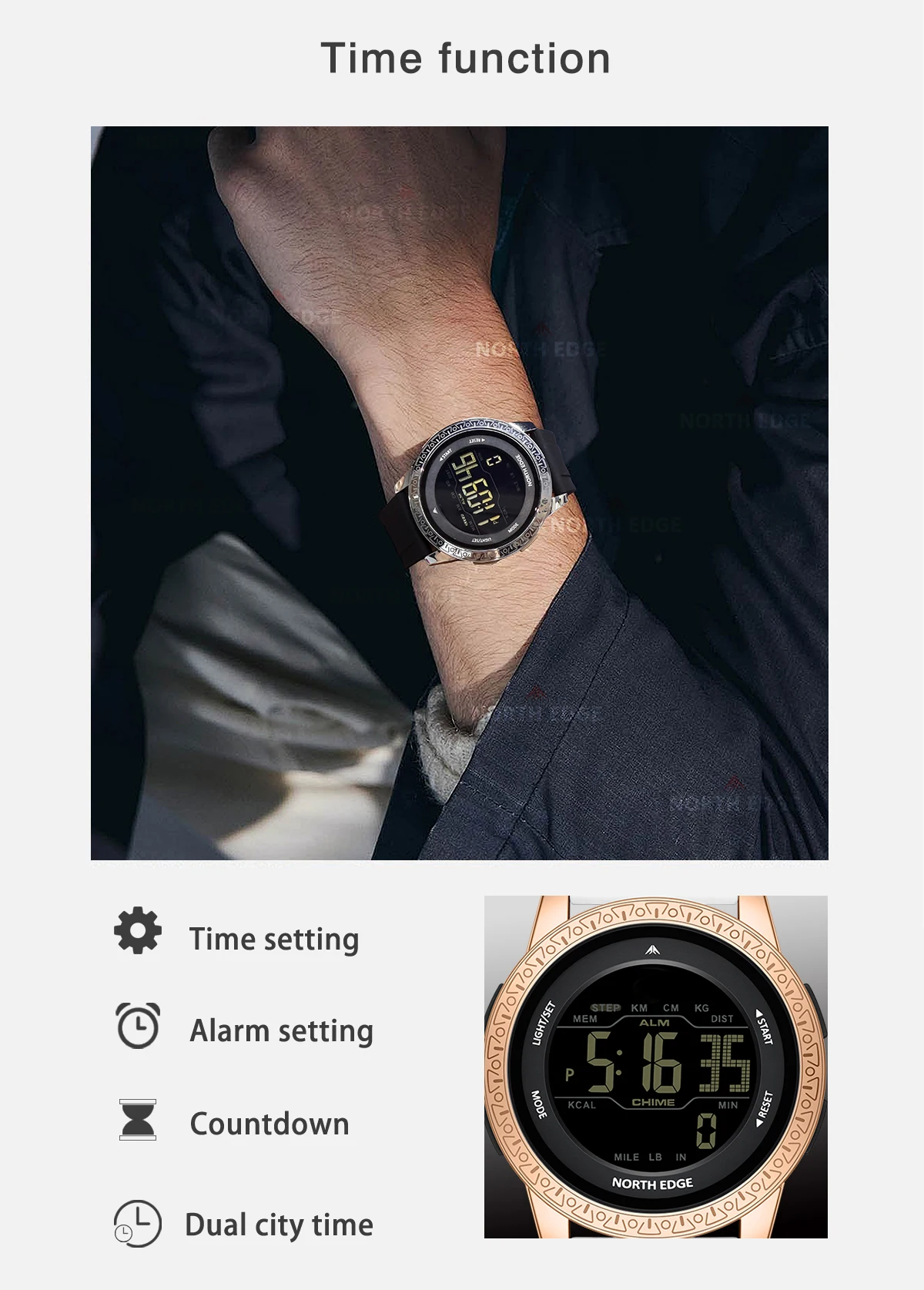 NORTH EDGE APOLLO Luxury Men Women Digital Watch Waterproof 50M Sports Watches Dual Time Pedometer Alarm Clock Couple's Watches
