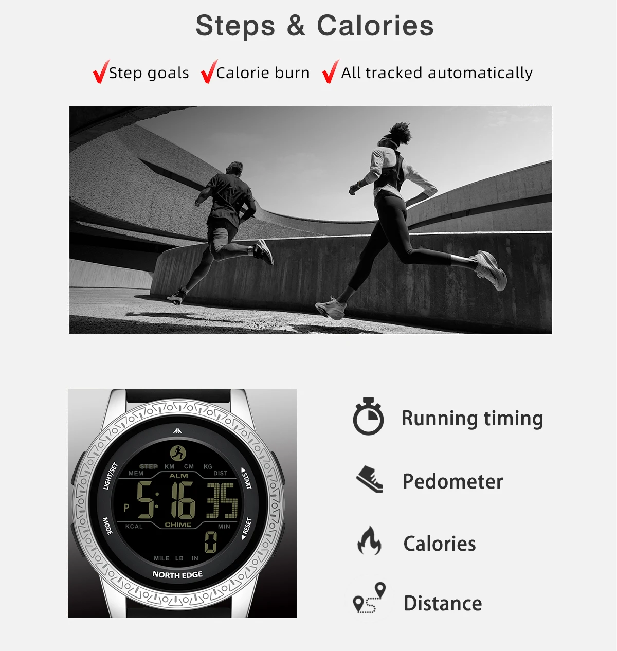 NORTH EDGE APOLLO Luxury Men Women Digital Watch Waterproof 50M Sports Watches Dual Time Pedometer Alarm Clock Couple's Watches
