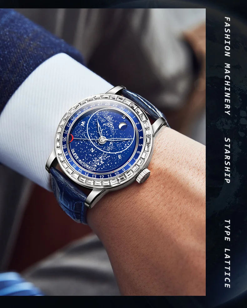 OLEVS 9923 Moon Phase Automatic Mechanical Watches for Man Fashion Leather Strap Waterproof Starry Sky Blue Luxury Men's Watches