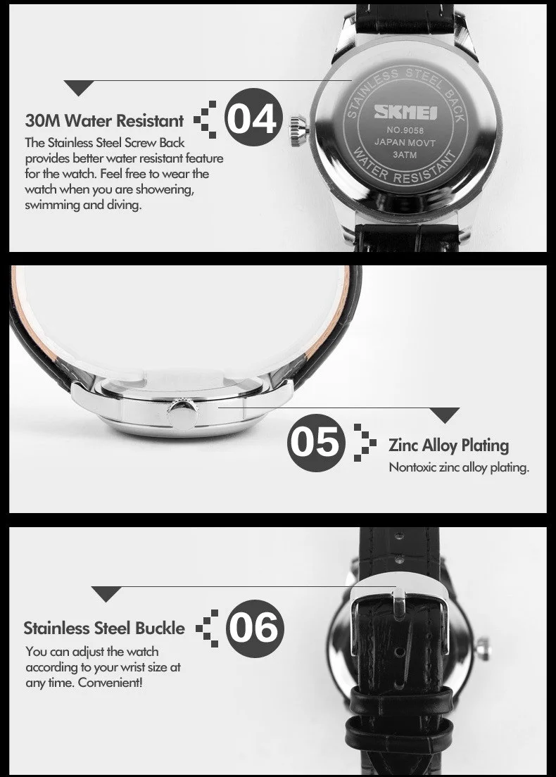 SKMEI 9058 Brand Lovers Quartz Watch Love Witness Time Watches Women Men Fashion Casual Leather Strap Waterproof Wristwatches