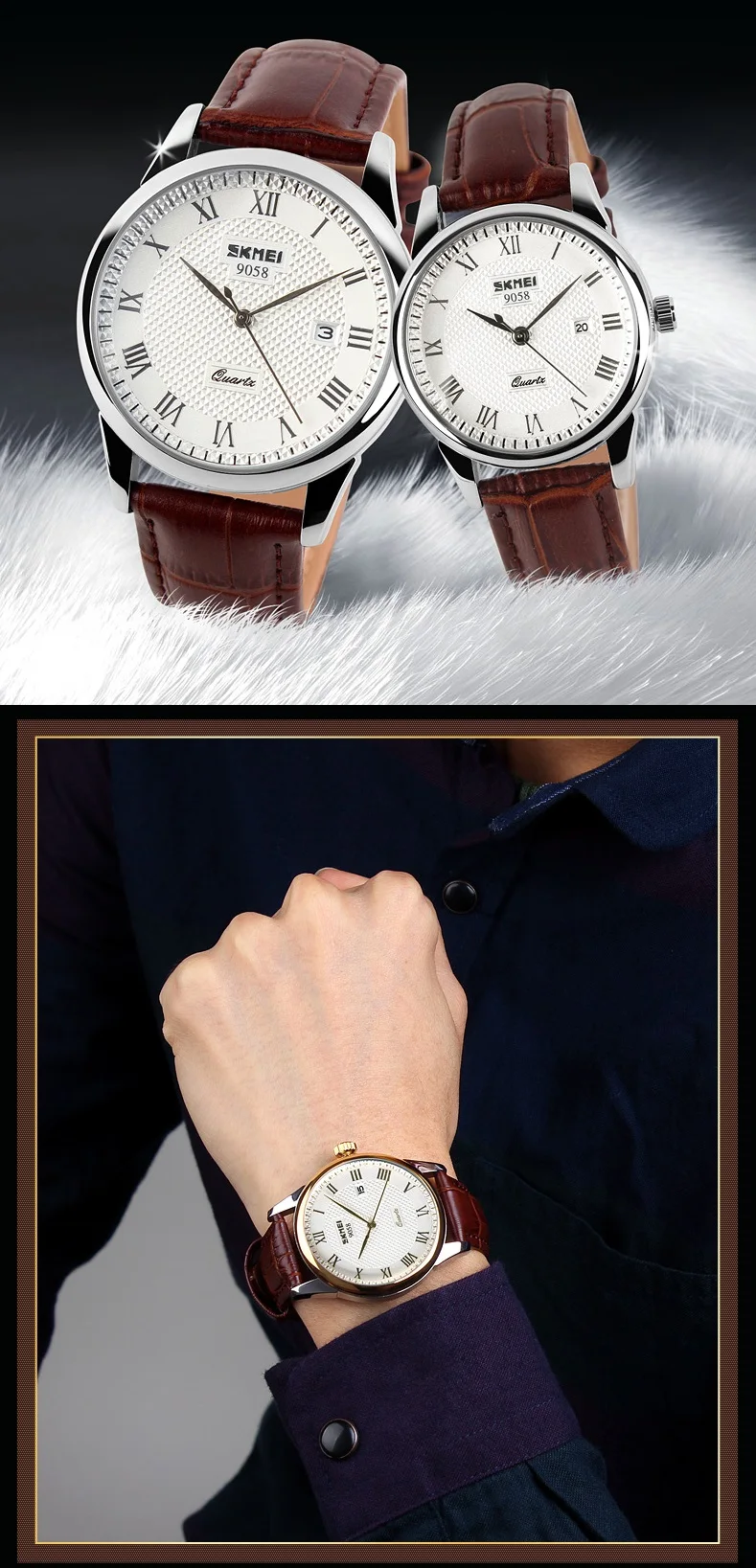 SKMEI 9058 Brand Lovers Quartz Watch Love Witness Time Watches Women Men Fashion Casual Leather Strap Waterproof Wristwatches