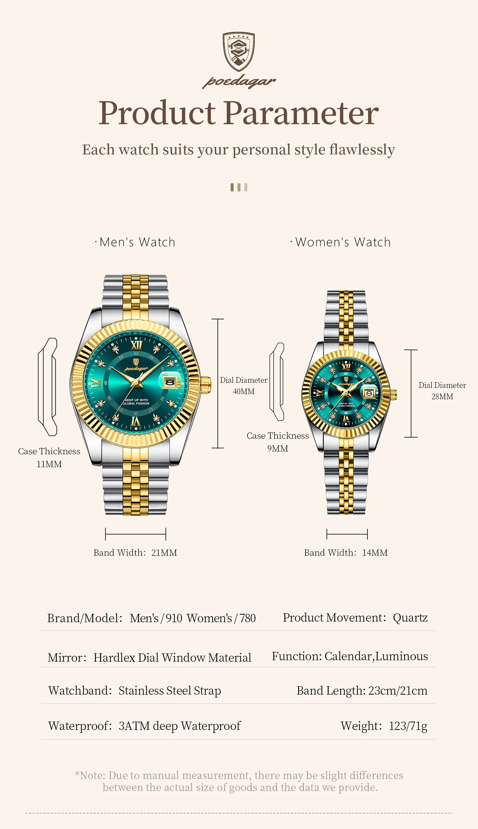 POEDAGAR Top Luxury Couple's Watches Luminous Date Classic Watches For Couple Quartz Stainless Steel Couple Watch Lovers Set+Box