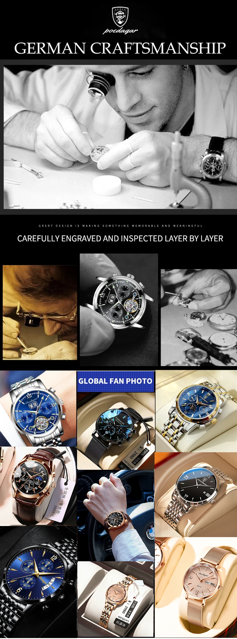 POEDAGAR Top Luxury Couple's Watches Luminous Date Classic Watches For Couple Quartz Stainless Steel Couple Watch Lovers Set+Box