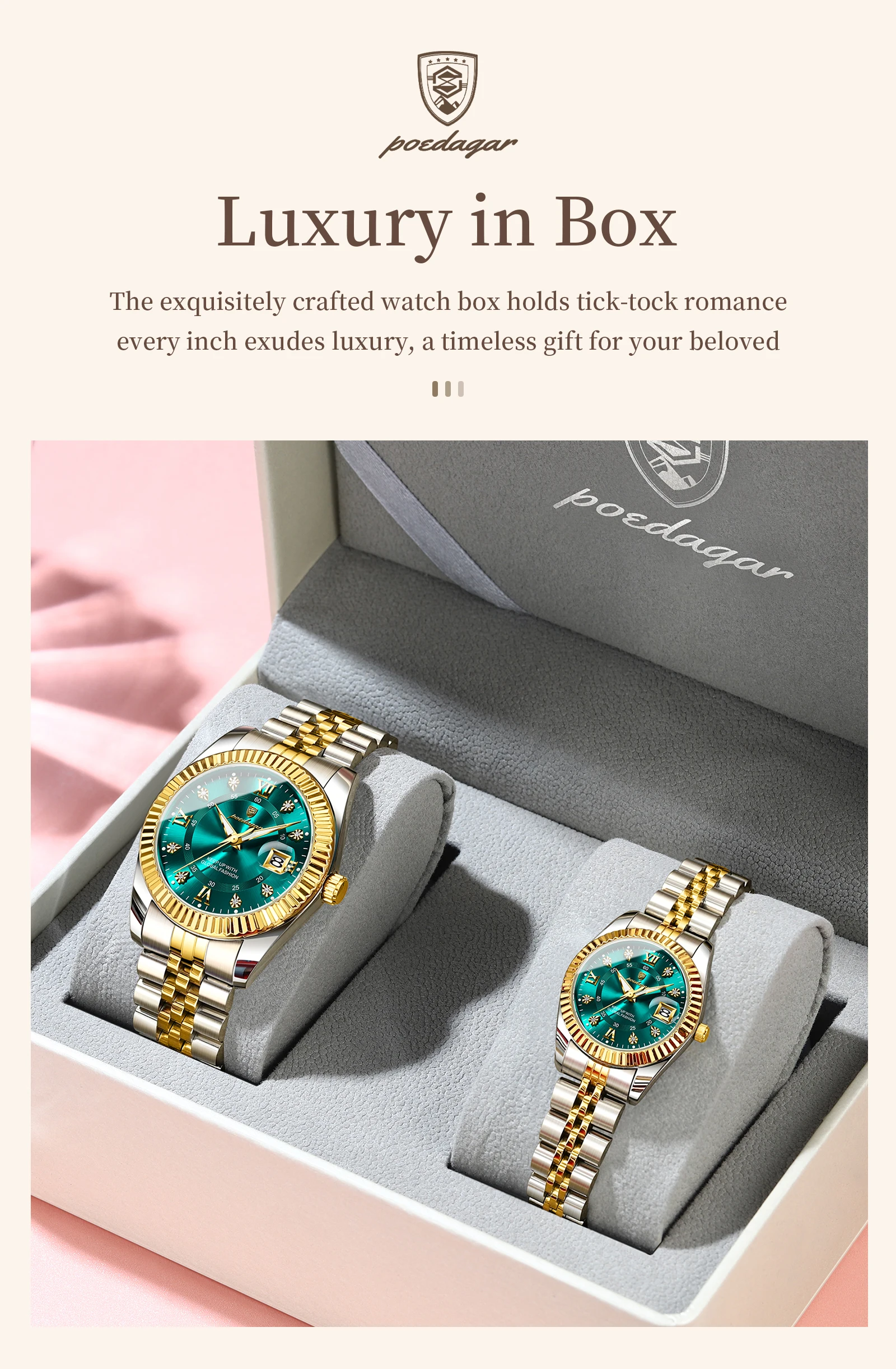 POEDAGAR Top Luxury Couple's Watches Luminous Date Classic Watches For Couple Quartz Stainless Steel Couple Watch Lovers Set+Box