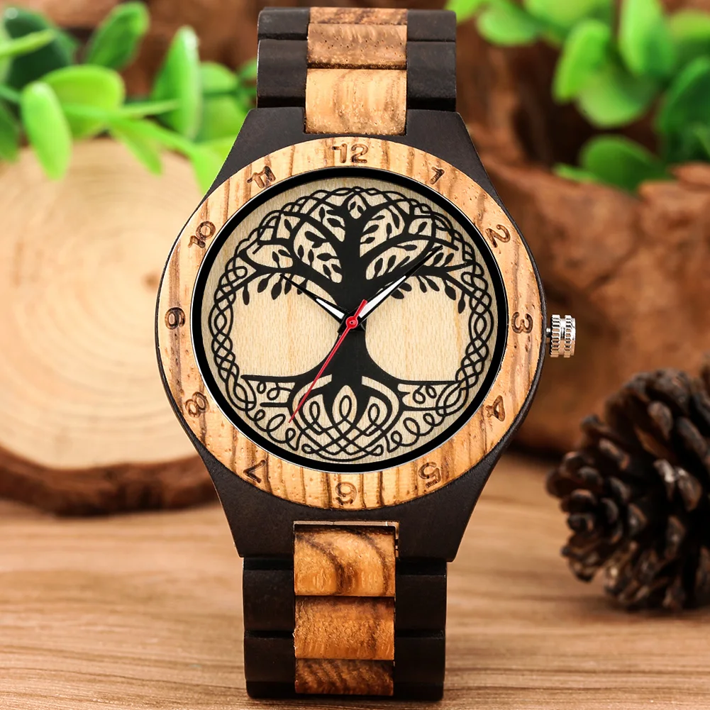 Classic Zebrawood Quartz Watch for Couple Unique Life Tree Pattern Display Round Dial Bracelet Wooden Band Men Women Wristwatch