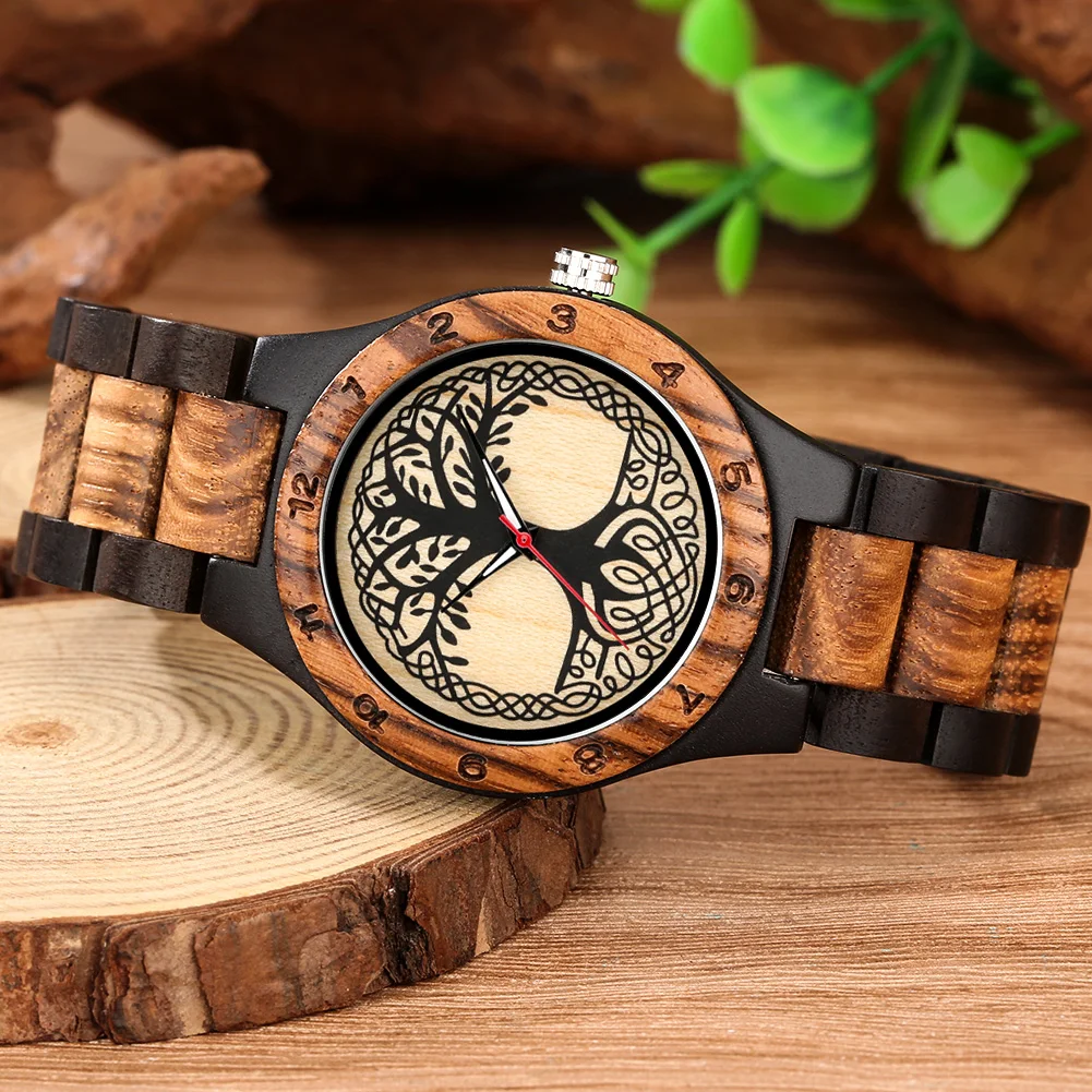 Classic Zebrawood Quartz Watch for Couple Unique Life Tree Pattern Display Round Dial Bracelet Wooden Band Men Women Wristwatch