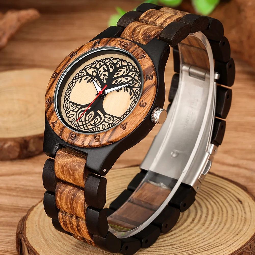 Classic Zebrawood Quartz Watch for Couple Unique Life Tree Pattern Display Round Dial Bracelet Wooden Band Men Women Wristwatch