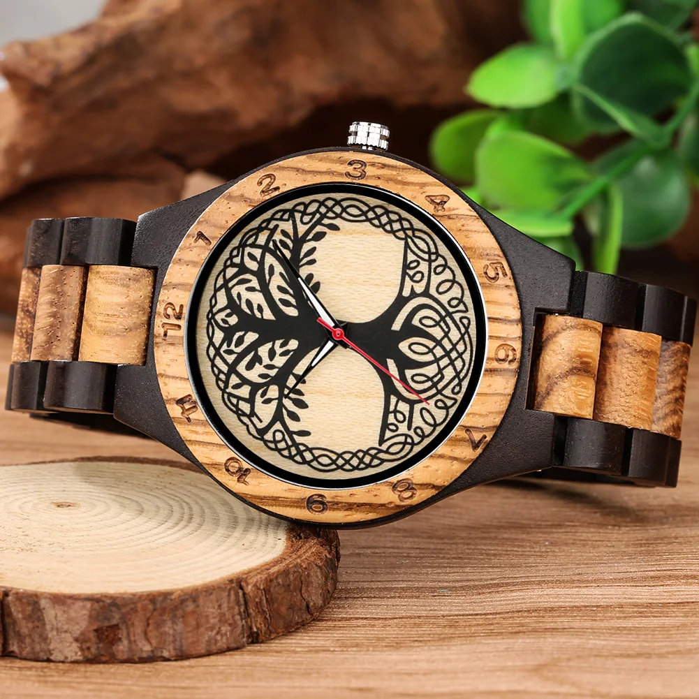 Classic Zebrawood Quartz Watch for Couple Unique Life Tree Pattern Display Round Dial Bracelet Wooden Band Men Women Wristwatch