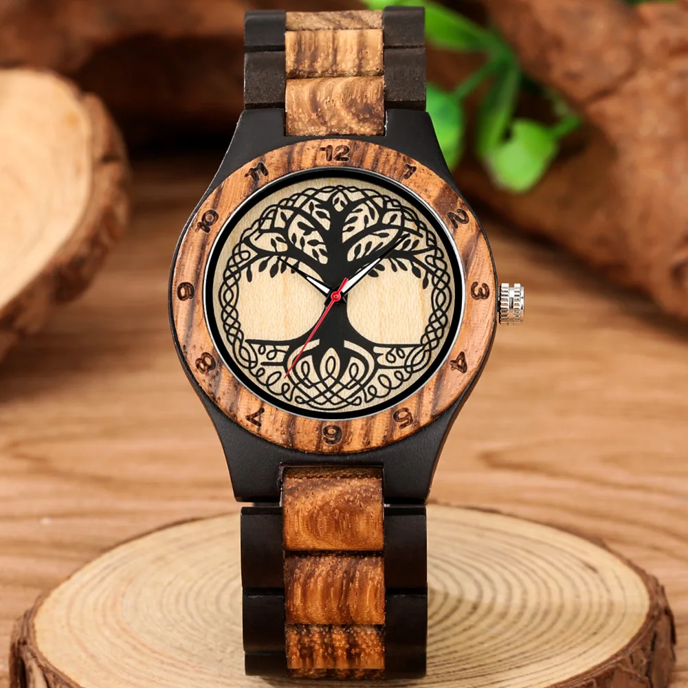 Classic Zebrawood Quartz Watch for Couple Unique Life Tree Pattern Display Round Dial Bracelet Wooden Band Men Women Wristwatch