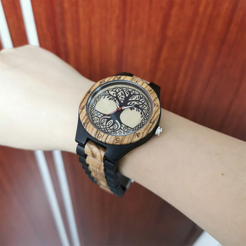 Classic Zebrawood Quartz Watch for Couple Unique Life Tree Pattern Display Round Dial Bracelet Wooden Band Men Women Wristwatch