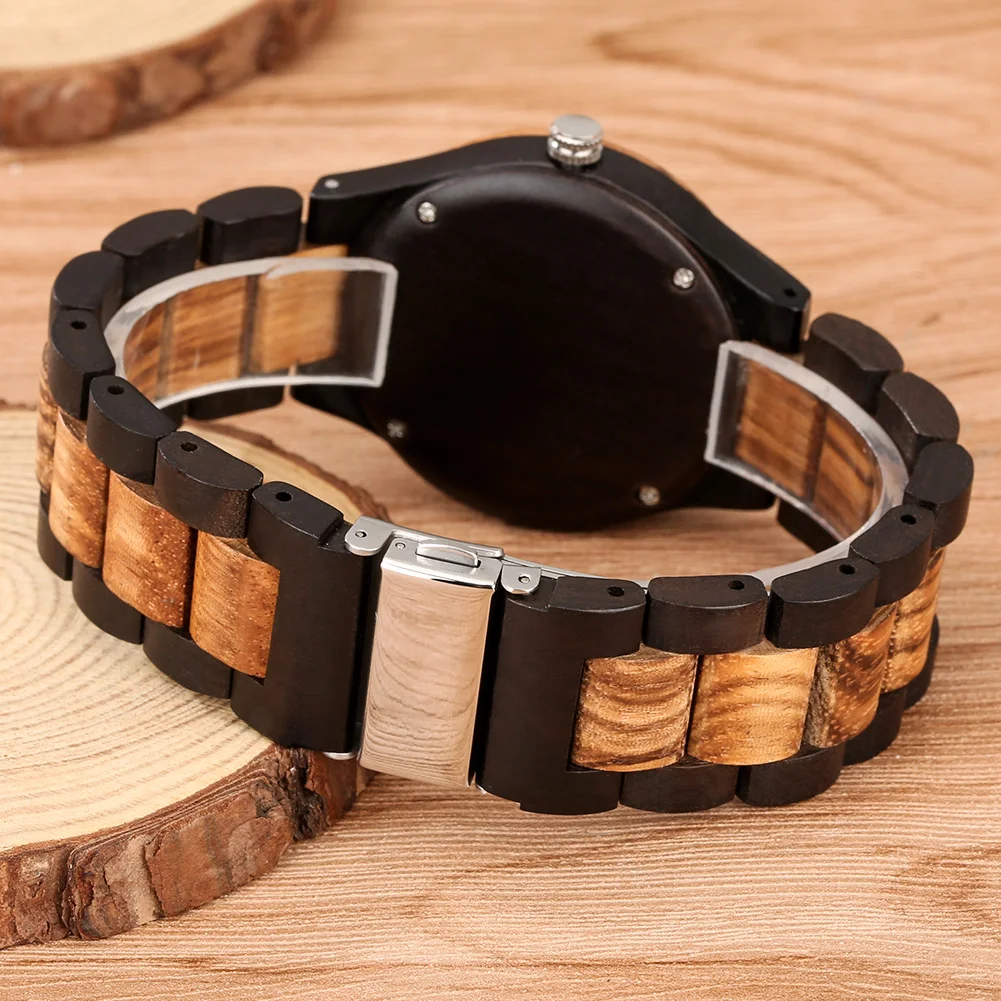 Classic Zebrawood Quartz Watch for Couple Unique Life Tree Pattern Display Round Dial Bracelet Wooden Band Men Women Wristwatch