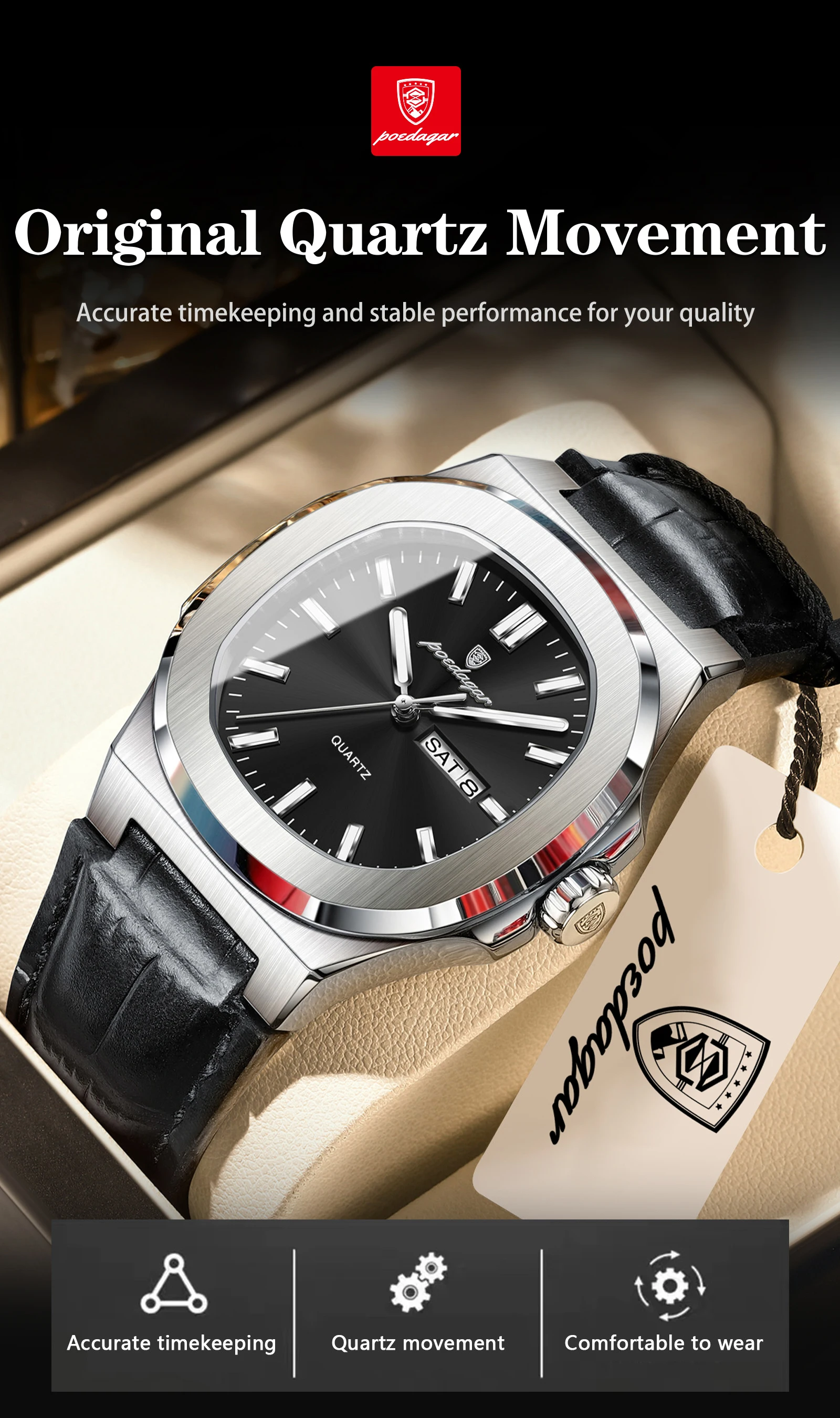 POEDAGAR Fashion Wristwatch For Boyfriend Luminous Waterproof Week Calendar Business Couple Watches Leather Luxury Men's Watches