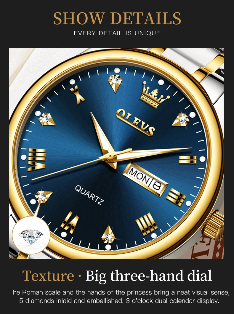 OLEVS 5563 Couple Watch Luxury Gold Diamond Dual Calendar Waterproof Watch Fashion Brand Quartz Appointment Clock Couple Watch