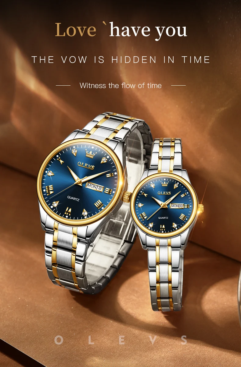 OLEVS 5563 Couple Watch Luxury Gold Diamond Dual Calendar Waterproof Watch Fashion Brand Quartz Appointment Clock Couple Watch