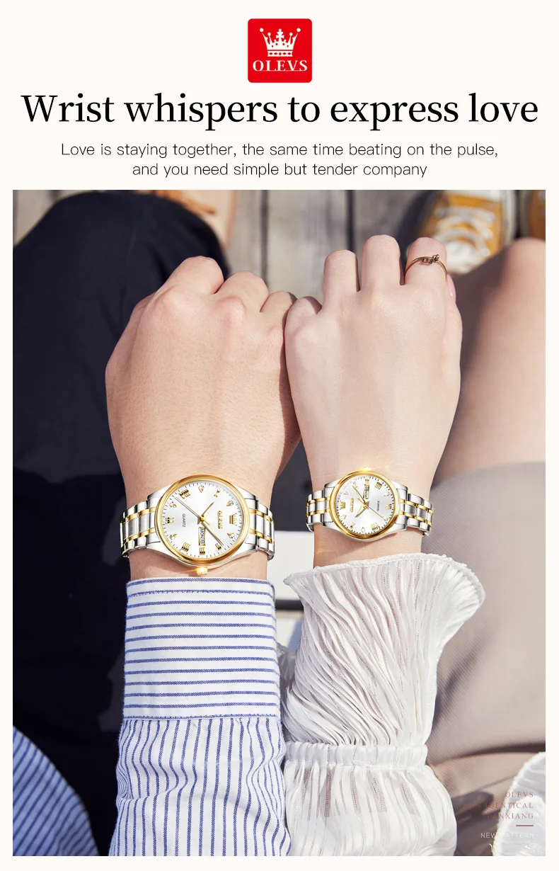 OLEVS 5563 Couple Watch Luxury Gold Diamond Dual Calendar Waterproof Watch Fashion Brand Quartz Appointment Clock Couple Watch