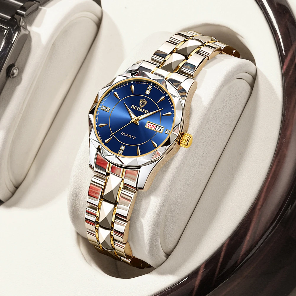 BINBOND Fashion Couple Watches Waterproof Diamond Valentine Day Lover Gift Stainless Steel Watch Men Women Quartz Watch 2pcs